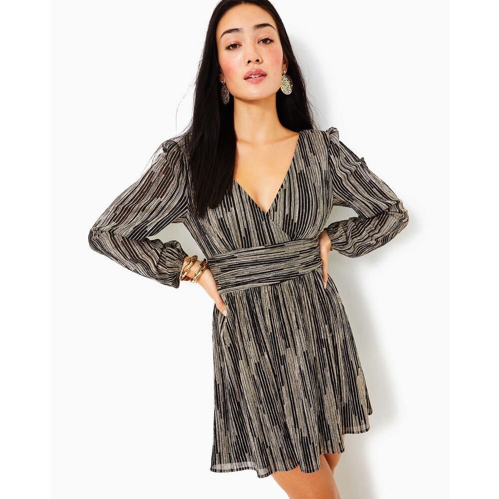 Lilly Pulitzer Black Gold Striped V Neck Long Sleeve Flirty Riza Romper Size S